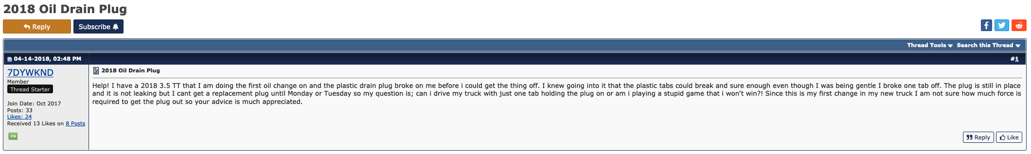 screenshot shows message board user asking for help after breaking the tabs off his plastic oil pan drain plug