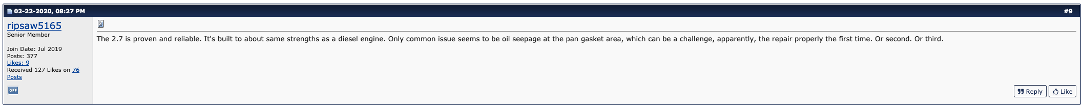 screenshot shows message board thread where owners describe ford's plastic oil pan leaks