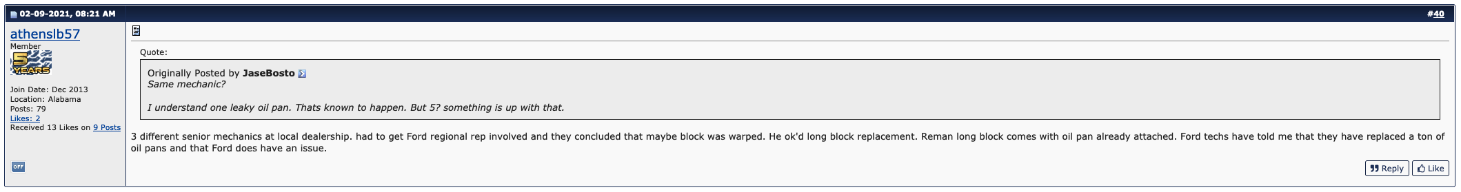 screenshot shows message board thread where owners describe ford's plastic oil pan leaks